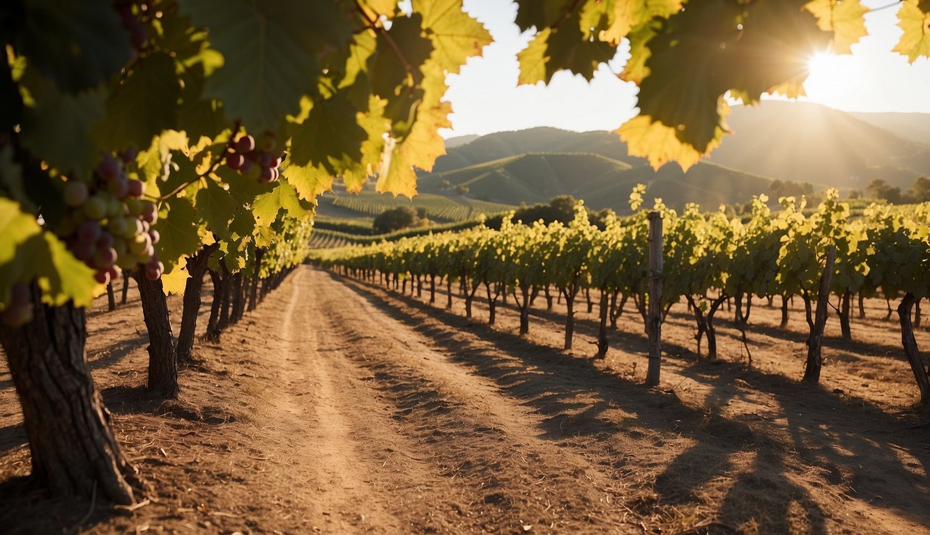Vineyard landscape with rows of grapevines, rolling hills, and a tasting room with outdoor seating. Sunlight filters through the leaves, casting dappled shadows on the ground