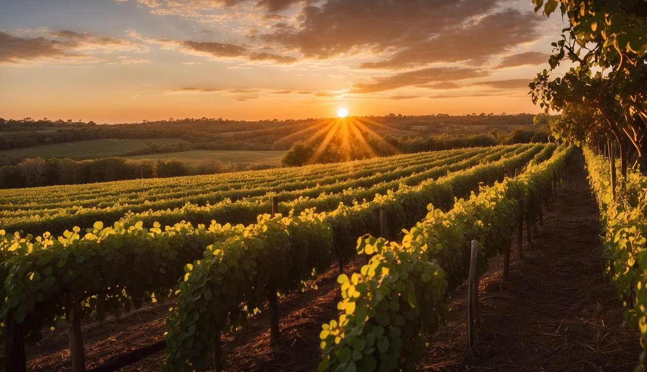 Lush Florida orange groves surround the picturesque winery, with rows of vibrant vines stretching into the distance. The sun sets behind the rolling hills, casting a warm glow over the top 10 vineyards in Florida