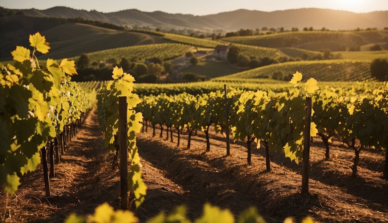 Rolling hills of lush vineyards, each with neat rows of grapevines stretching into the distance. A warm sun bathes the landscape in golden light, while a gentle breeze rustles the leaves