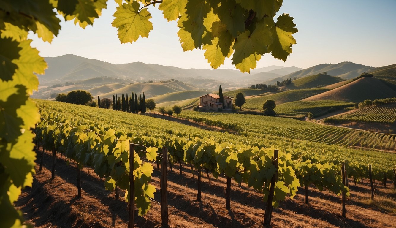 Lush vineyard with rolling hills and grapevines, a rustic winery building in the background. Vibrant greenery and clusters of grapes on the vines