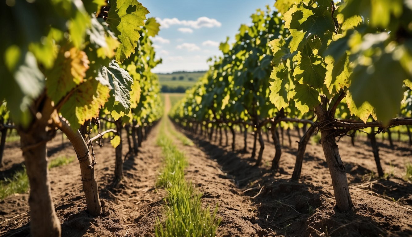 Lush green vineyards sprawl across rolling hills at Harvest Ridge Winery, one of Delaware's top 10 vineyards. Rows of grapevines stretch into the distance under a clear blue sky