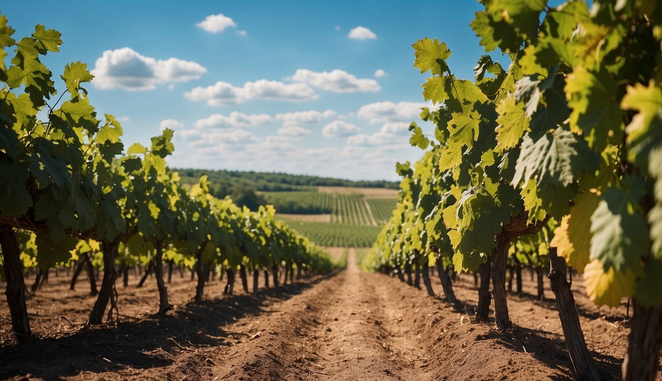 Lush vineyards at Fenwick Wine Cellars, Delaware. Rows of grapevines stretch towards the horizon under a clear blue sky