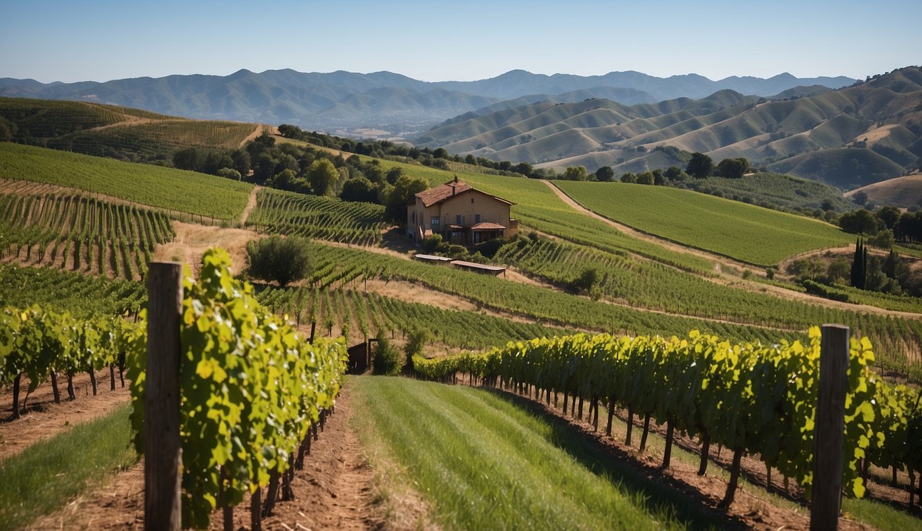 Lush green vineyard rows stretch across rolling hills under a clear blue sky, with a rustic winery nestled in the distance