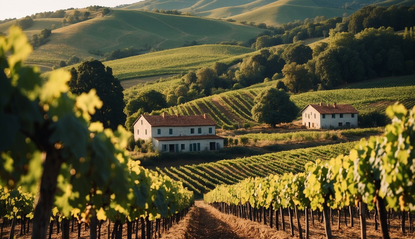 Lush vineyard with rolling hills, neat rows of grapevines, and a rustic winery building nestled in the countryside