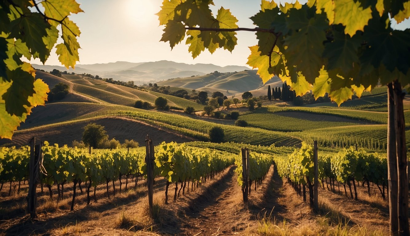 Lush vineyard landscape with rolling hills, rows of grapevines, and a rustic winery nestled in the countryside. Rich colors of green, purple, and brown