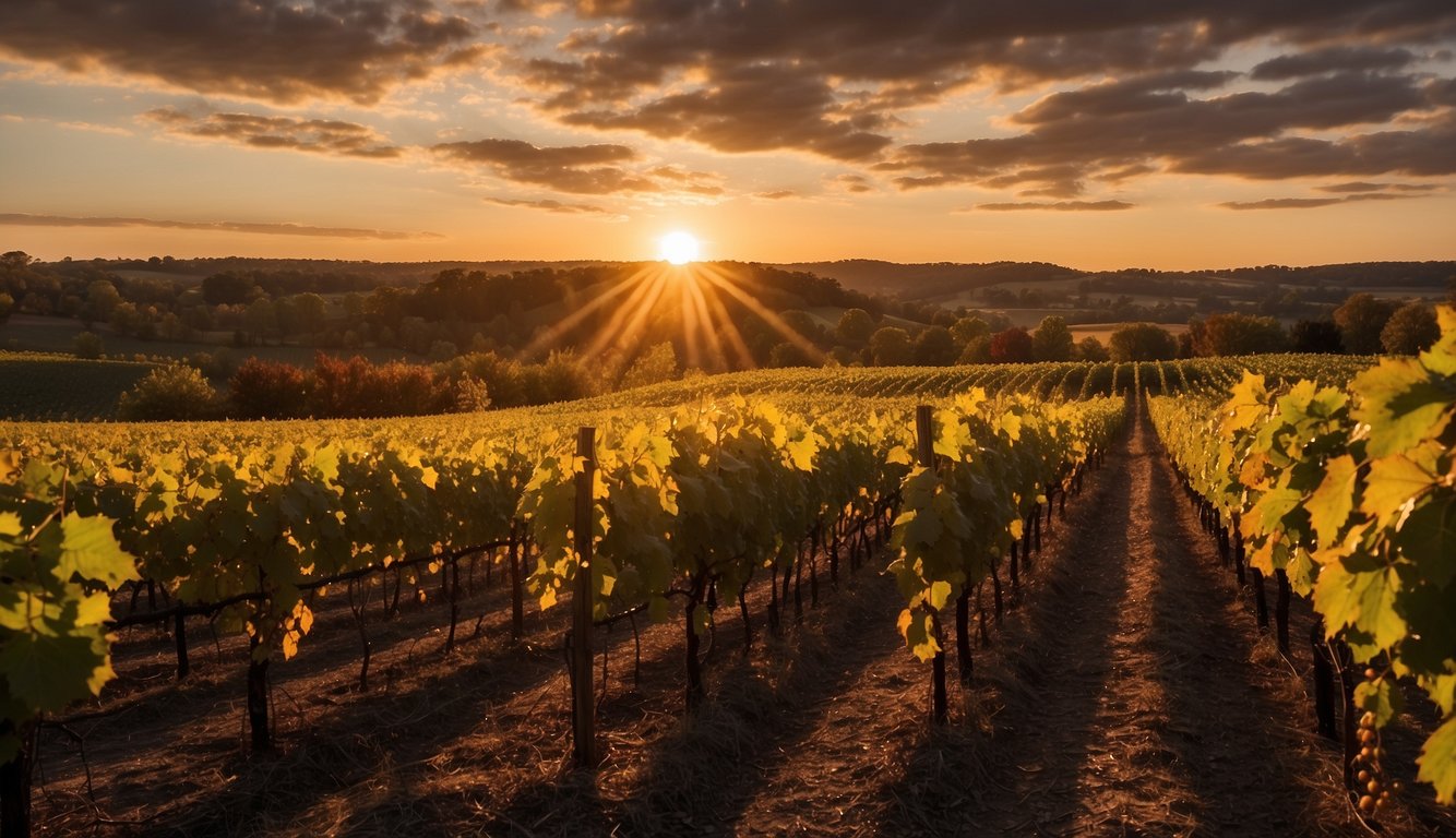 The sun sets over rolling vineyards at Autumn Leaf Estate, casting a warm glow on the rows of grapevines. The vibrant colors of the autumn leaves create a picturesque scene at one of Delaware's top vineyards