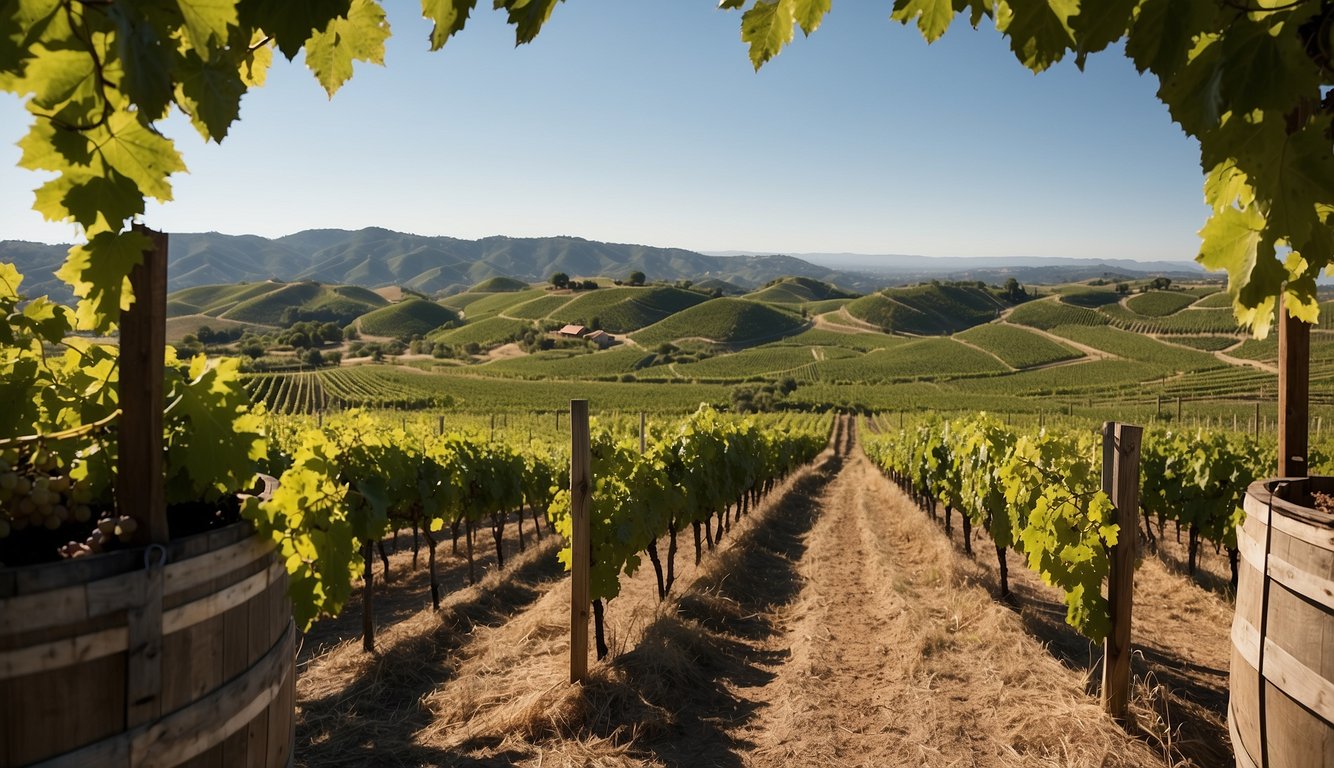Rolling hills of lush green vineyards stretch into the distance, framed by a clear blue sky. A rustic winery sits nestled among the rows of grapevines, inviting visitors to explore and taste the finest wines