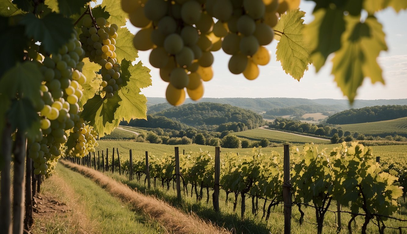 Lush green vines stretch across rolling hills, basking in the warm Delaware sun. A gentle breeze carries the sweet scent of ripening grapes, while a rustic winery beckons in the distance