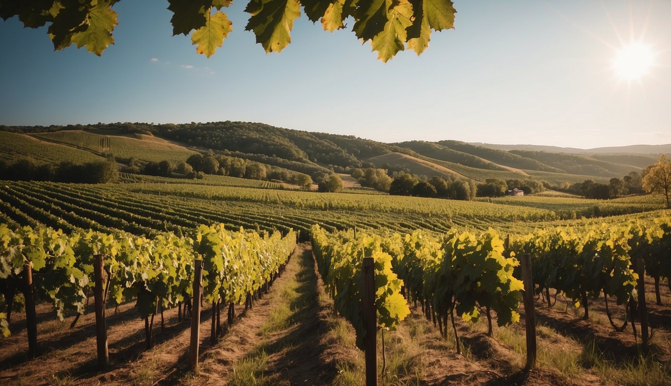 Lush vineyards stretch across rolling hills, rows of grapevines basking in the warm Delaware sun. A rustic winery stands in the distance, surrounded by vibrant greenery and the promise of fine wine