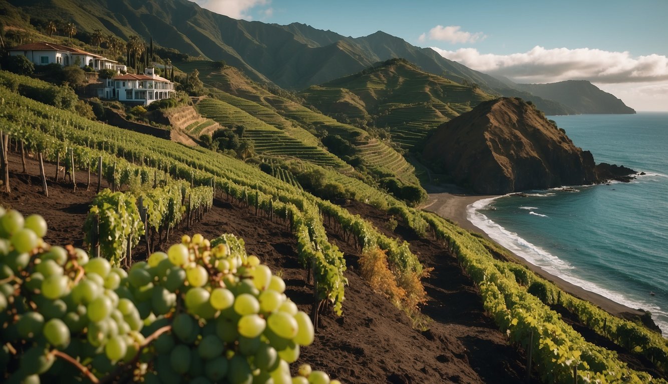 Lush green vineyards with ocean views, palm trees, and volcanic soil. A warm, tropical atmosphere with vibrant grapevines and a relaxed island vibe