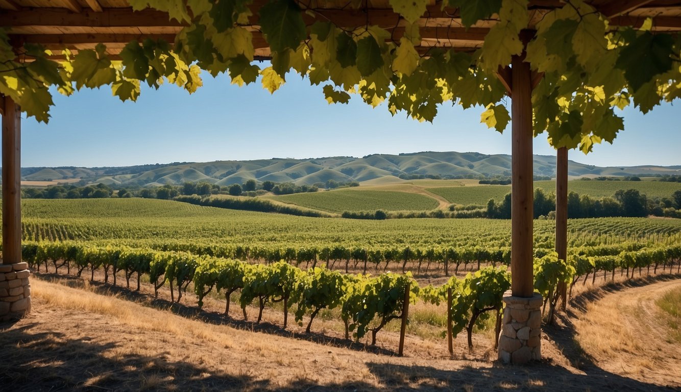 Lush green vineyards at Summerset Winery, Iowa's top 10, stretch across the rolling hills under a clear blue sky