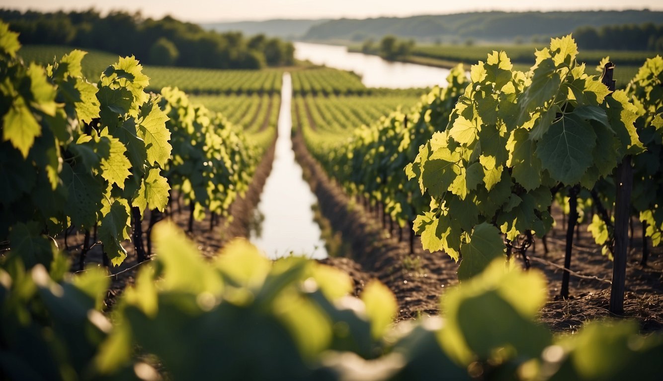 Lush green vineyards border a wide river at Wide River Winery, one of Iowa's top 10 vineyards
