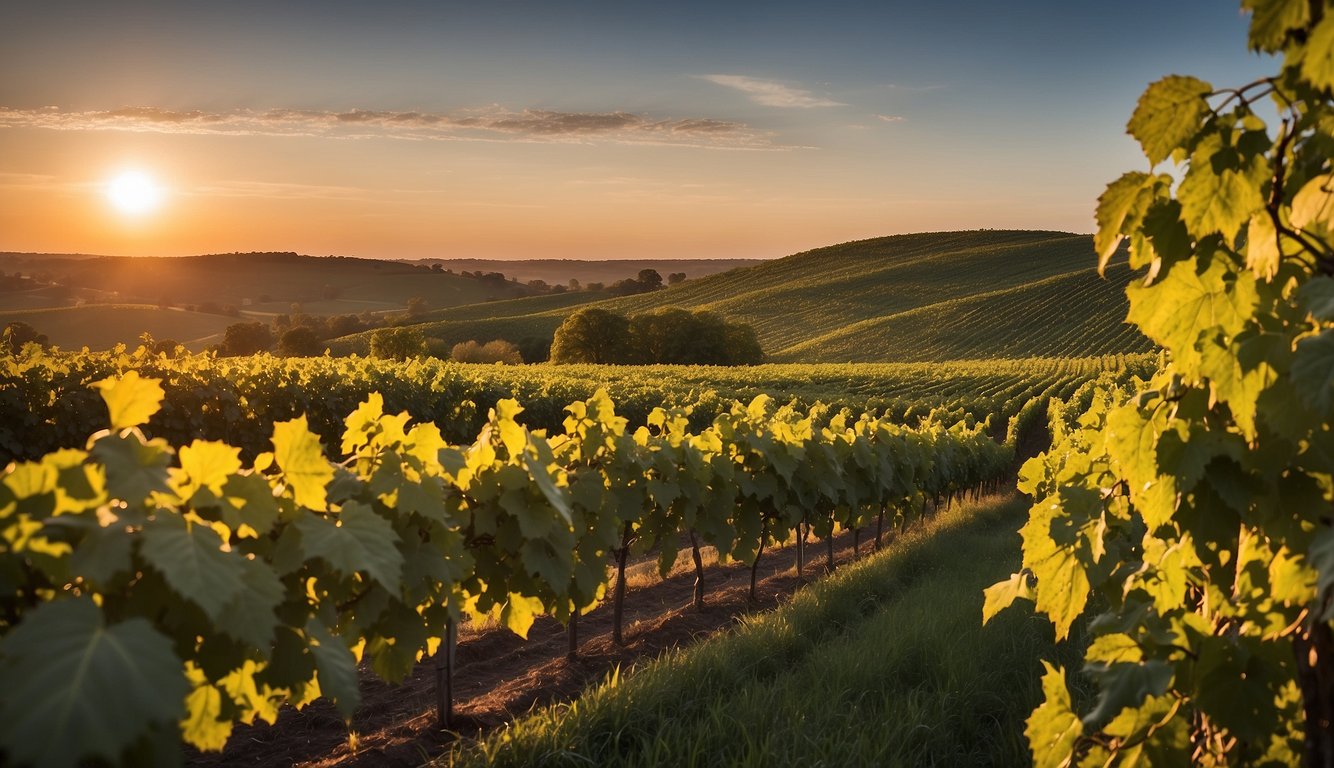 Lush green vines cover rolling hills at Snus Hill Vineyard, one of Iowa's top 10 vineyards. The sun sets behind the picturesque landscape, casting a warm glow over the rows of grapevines