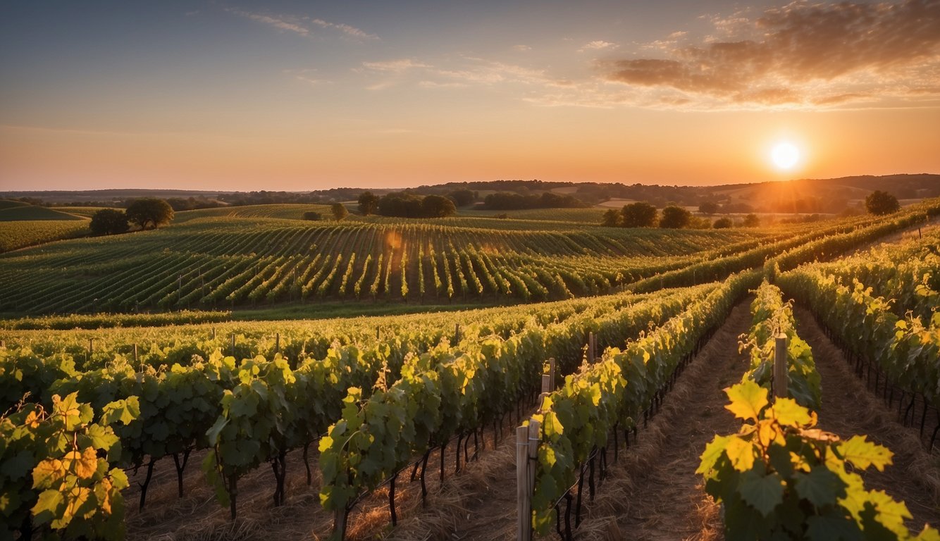 Sunset over rolling vineyard hills, rows of lush grapevines, a rustic tasting room and a serene atmosphere at Breezy Hills Vineyard, one of Iowa's top 10 vineyards