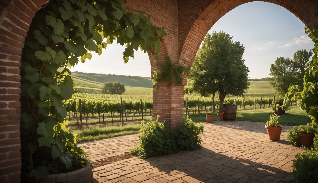 Lush green vineyards surround a rustic brick arch winery, nestled in the rolling hills of Iowa. A serene and picturesque setting for wine enthusiasts