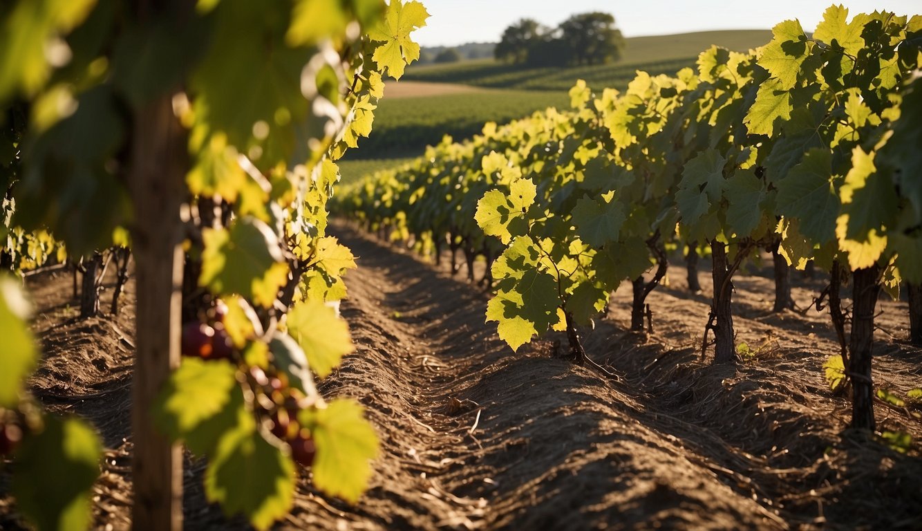 Rolling hills of Iowa, rows of grapevines stretch into the distance. Sunlight filters through the leaves, casting dappled shadows on the rich soil. A quaint winery sits nestled among the vines, welcoming visitors to taste the fruits of