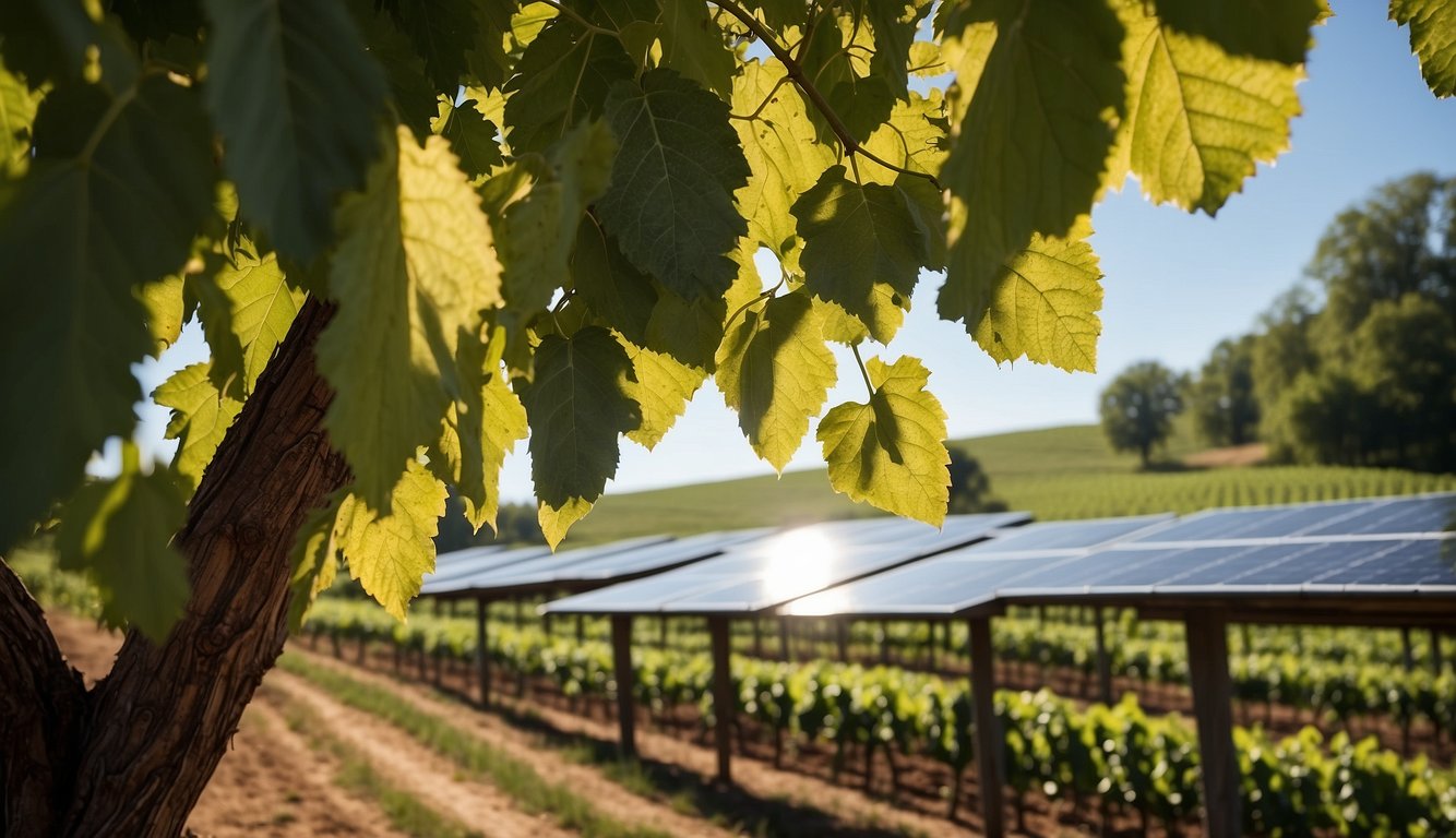 Lush vineyards in Iowa showcase sustainable practices: solar panels, compost piles, and drip irrigation. Rolling hills and a clear blue sky complete the idyllic scene