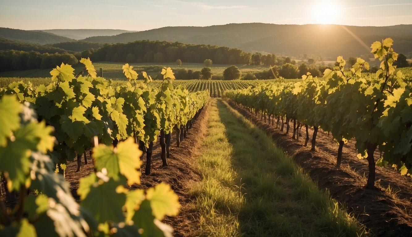 Lush vineyards in Pennsylvania, basking in golden sunlight, with rows of grapevines stretching into the distance, inviting visitors to explore and savor the best times to visit