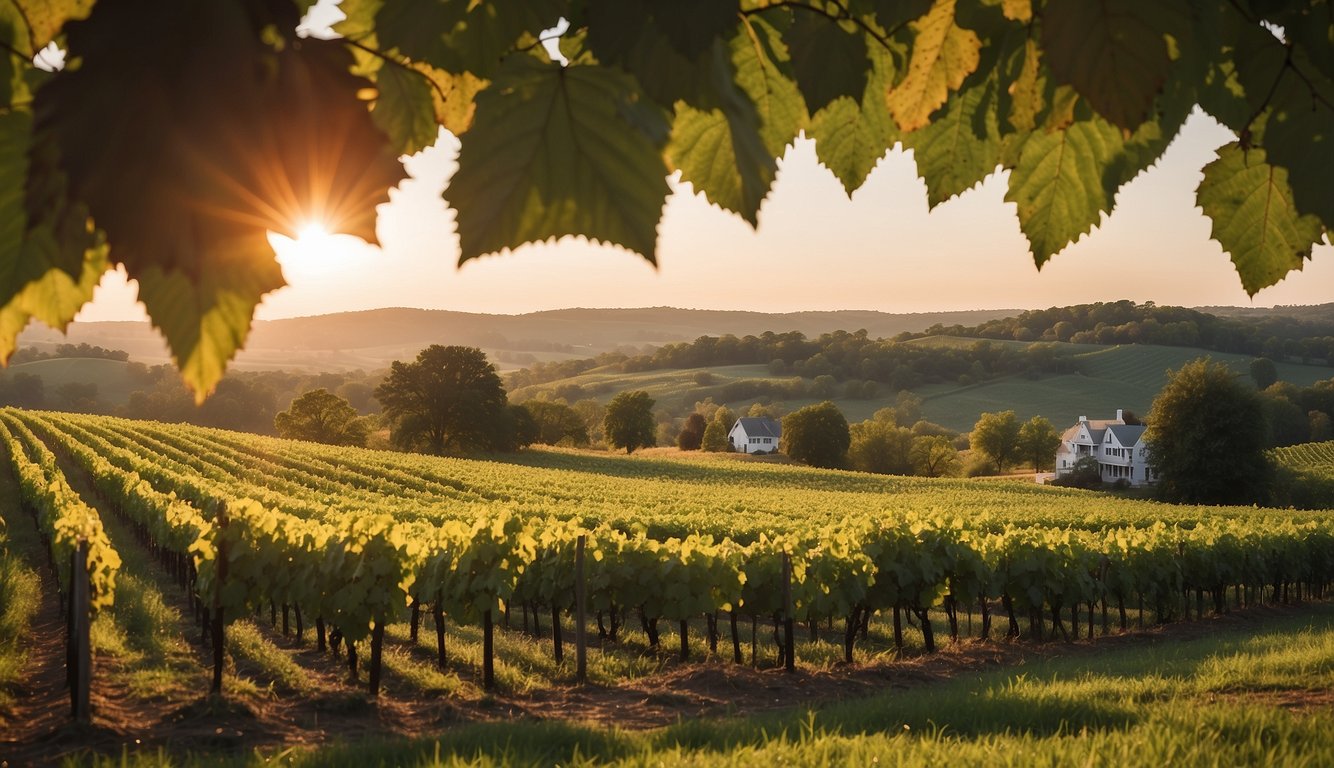 Rolling hills dotted with lush vineyards, grapevines stretching towards the horizon, a charming farmhouse nestled among the vines, and the sun setting behind the picturesque Pennsylvania landscape