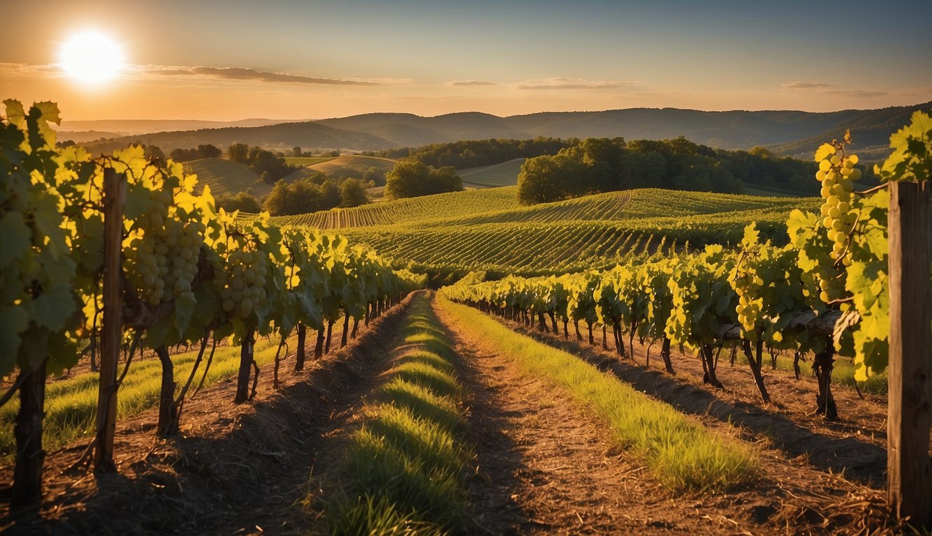 Lush vineyards spread across rolling hills, basking in the golden glow of the sun. Rows of grapevines stretch into the distance, creating a picturesque landscape at Allegro Vineyards, one of Pennsylvania's finest