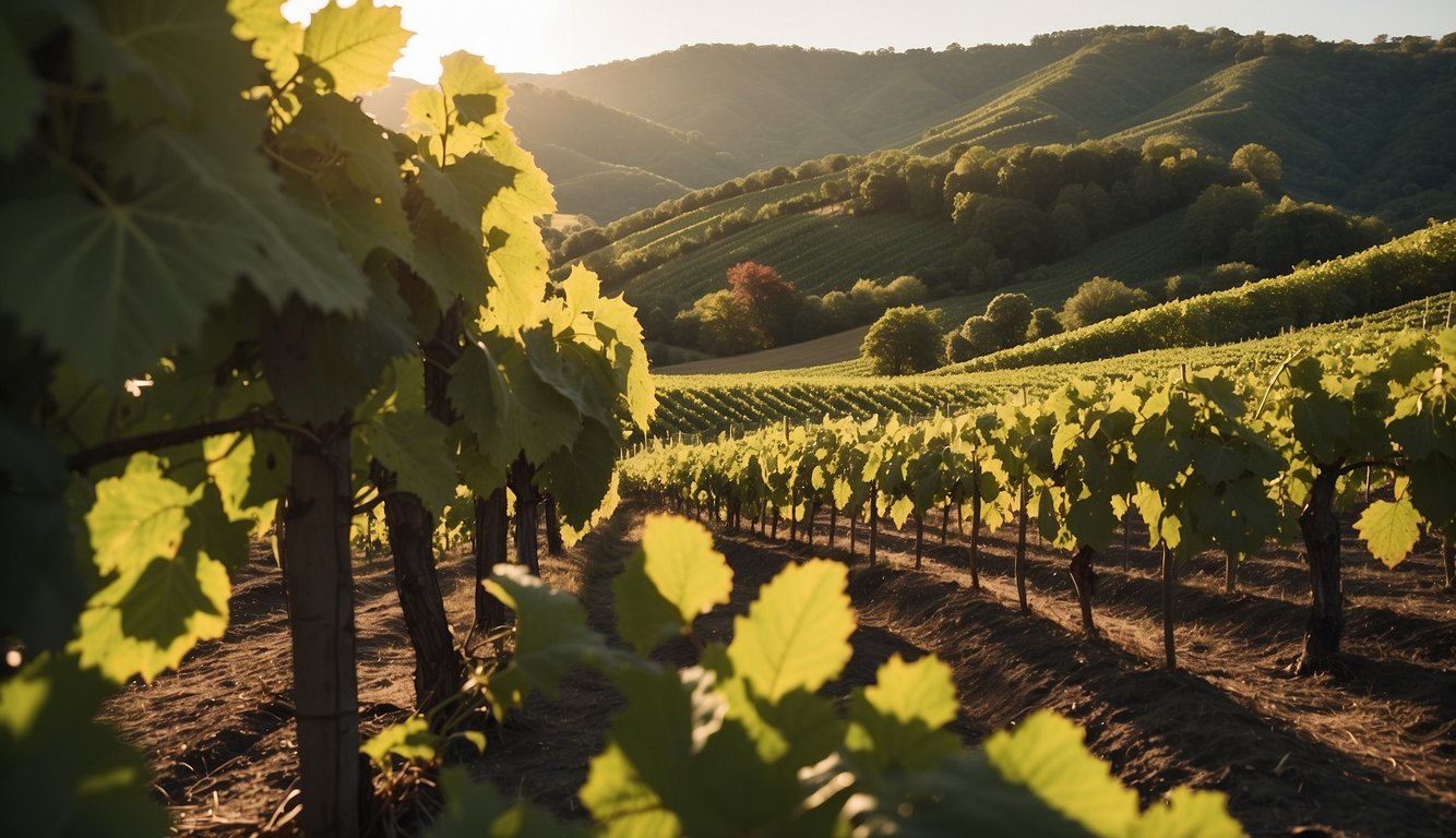 Lush green vineyard rows at Galen Glen Winery, Pennsylvania's top 10 vineyards. Sunlight illuminates the rolling hills and grapevines, creating a picturesque scene for an illustrator to capture