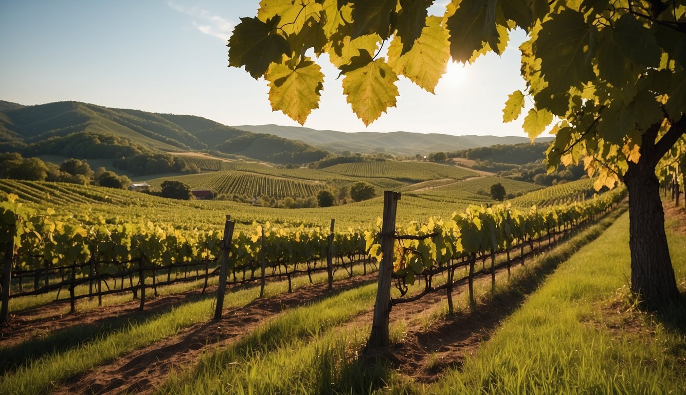 Lush vineyards spread across rolling hills, rows of grapevines basking in the warm Pennsylvania sun, with the Stony Run Winery standing proudly in the distance