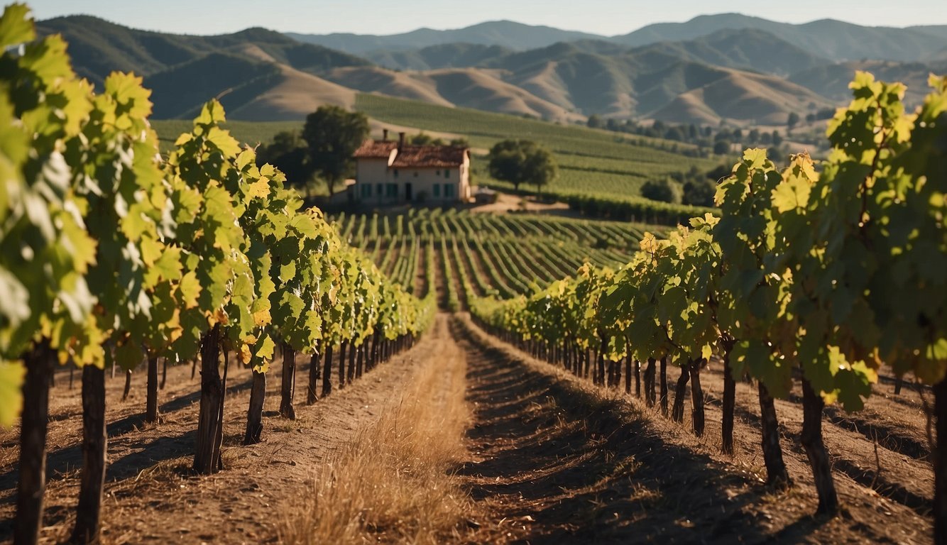 Vineyards spread across rolling hills, each with rows of grapevines bearing different varietals. A rustic farmhouse and tasting room overlook the picturesque landscape