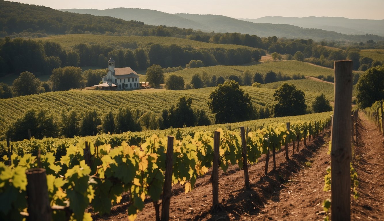 Lush vineyards sprawl across rolling hills, each row of grapevines basking in the warm Pennsylvania sun. A rustic winery stands in the distance, surrounded by acres of fruitful vines