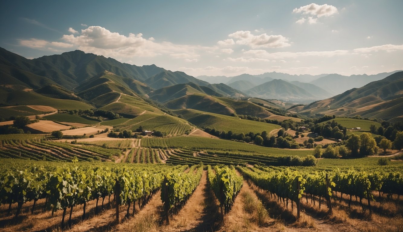 Lush green vineyards stretch across rolling hills, leading to a rustic winery nestled at the foot of seven majestic mountains