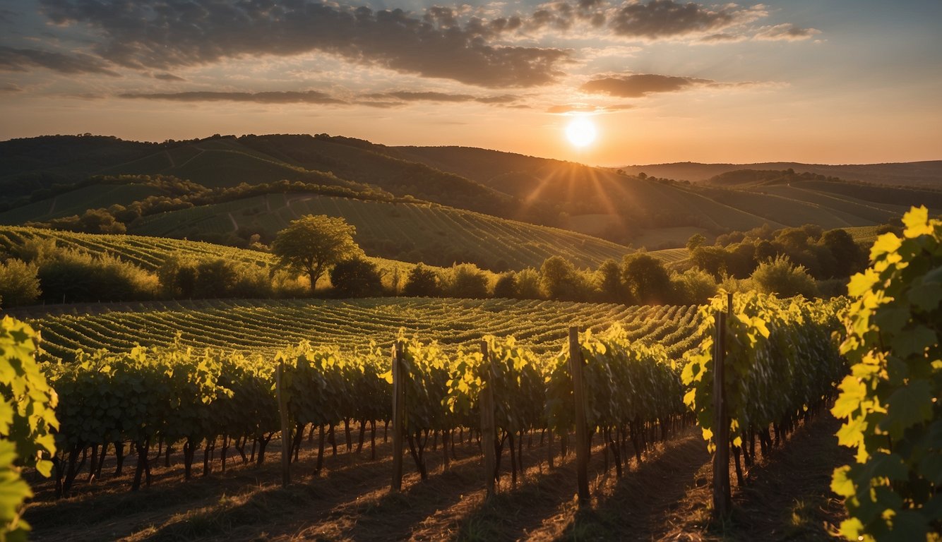 Lush green vineyards stretch across rolling hills at Pinnacle Ridge Winery, one of Pennsylvania's top 10 vineyards. The sun sets behind the picturesque landscape, casting a warm glow over the rows of grapevines