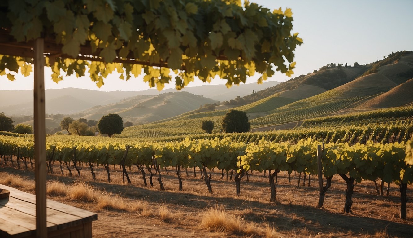 Vineyard landscape with rolling hills, lush grapevines, and a rustic tasting room nestled among the vines