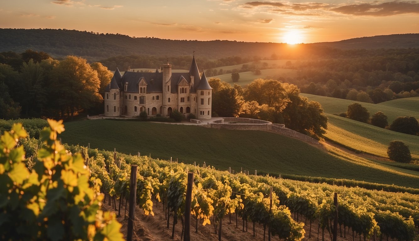 Sunset over Sand Castle Winery, nestled in the rolling hills of Pennsylvania. Vines stretch across the landscape, leading to a grand chateau