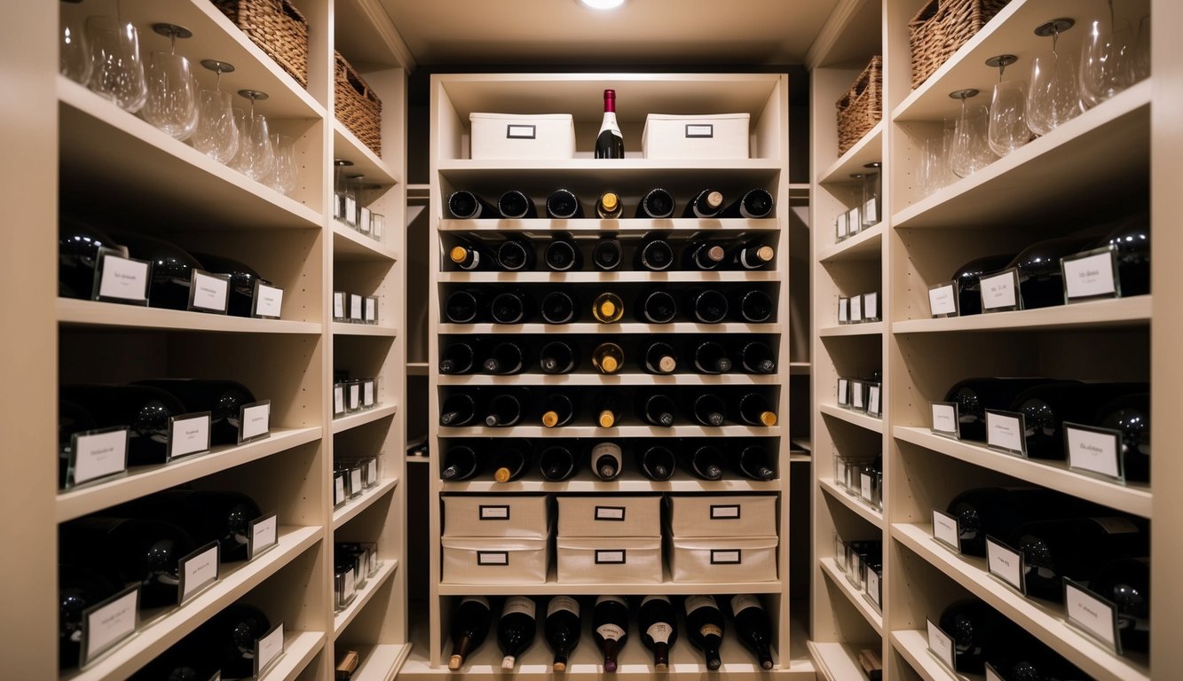 A wine cellar with neatly organized shelves, labeled bins, and hanging racks for glasses and accessories