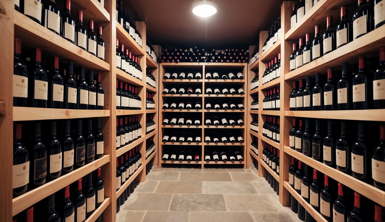 A wine cellar with rows of wooden racks holding bottles of red wine, dimly lit by soft overhead lighting