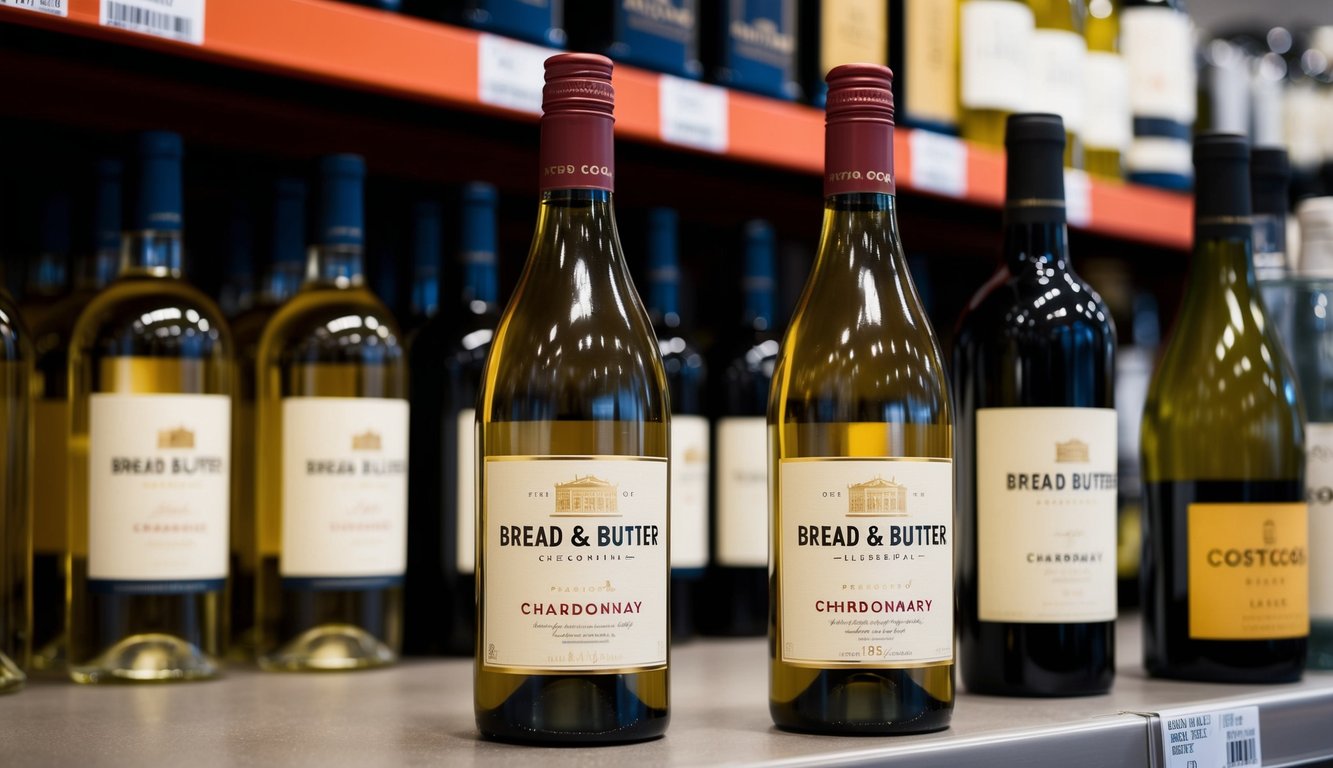 A bottle of Bread & Butter Chardonnay displayed on a shelf next to other affordable wines at Costco