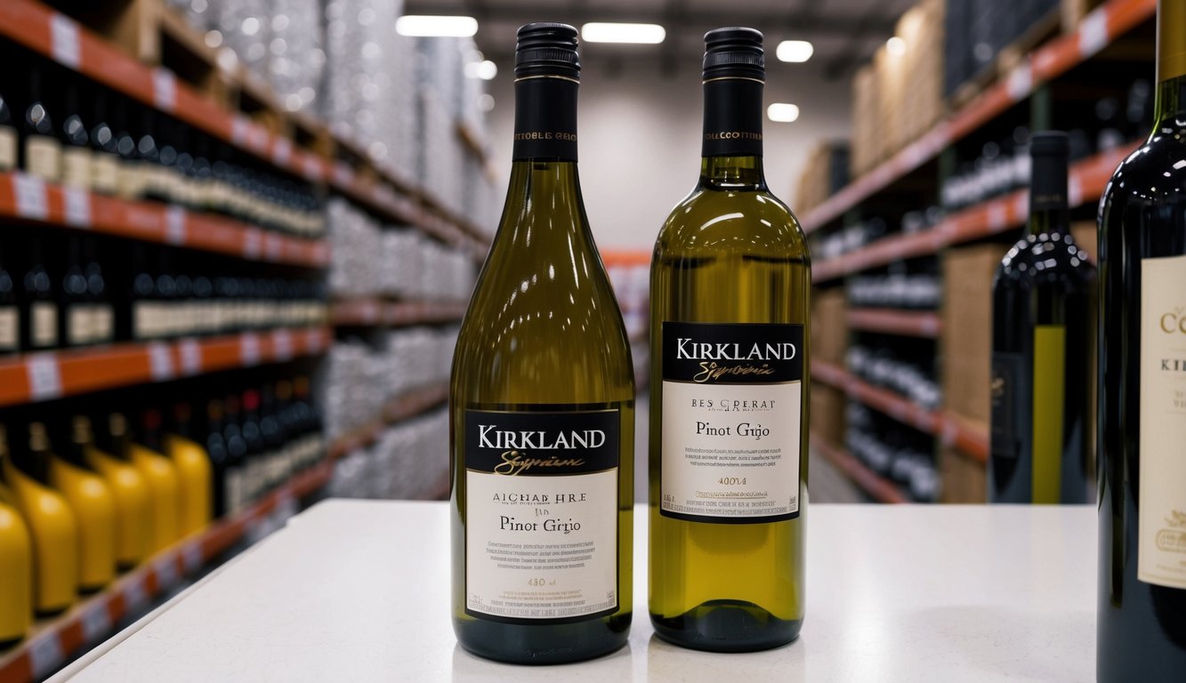 A bottle of Kirkland Signature Pinot Grigio sits on a shelf among other affordable wines at Costco