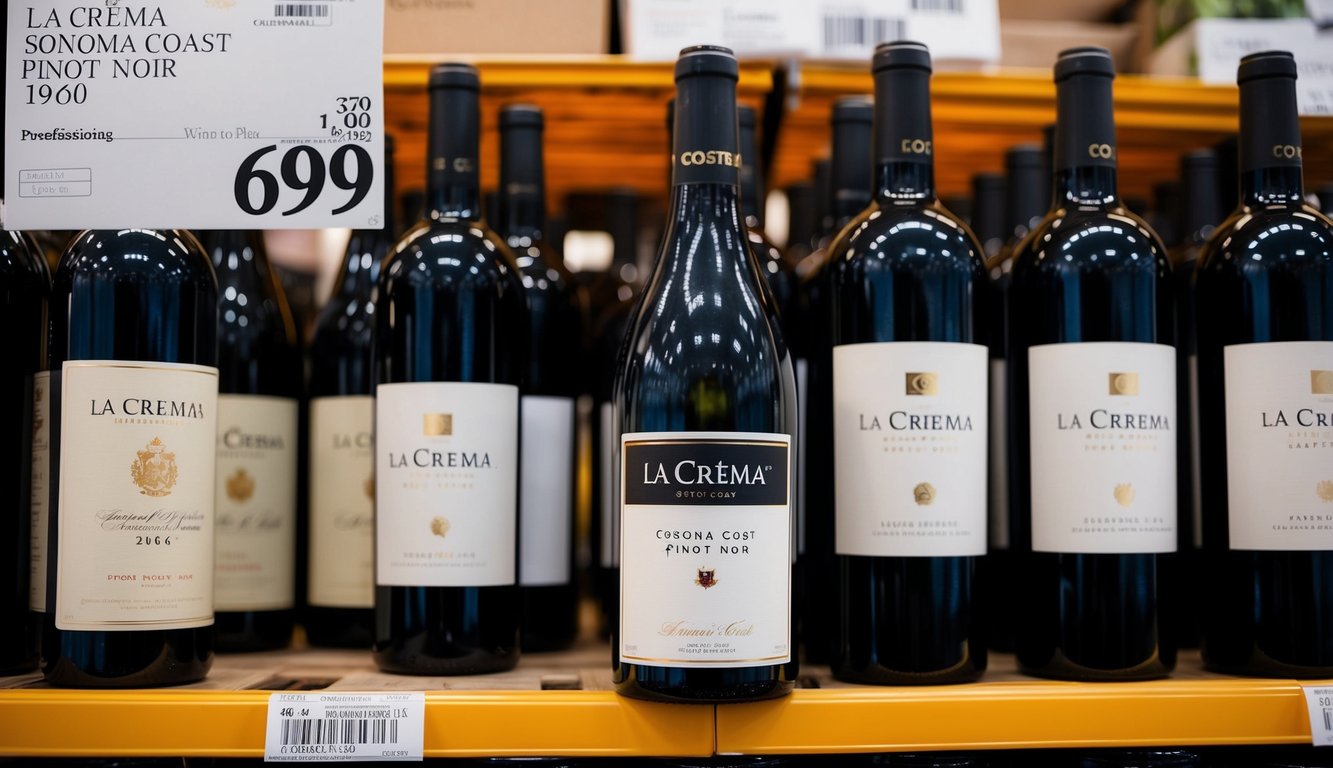 A bottle of La Crema Sonoma Coast Pinot Noir displayed on a shelf at Costco, surrounded by other affordable wines