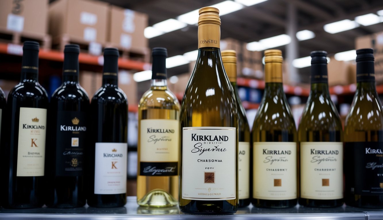 A bottle of Kirkland Signature Chardonnay on display with other affordable wines at Costco