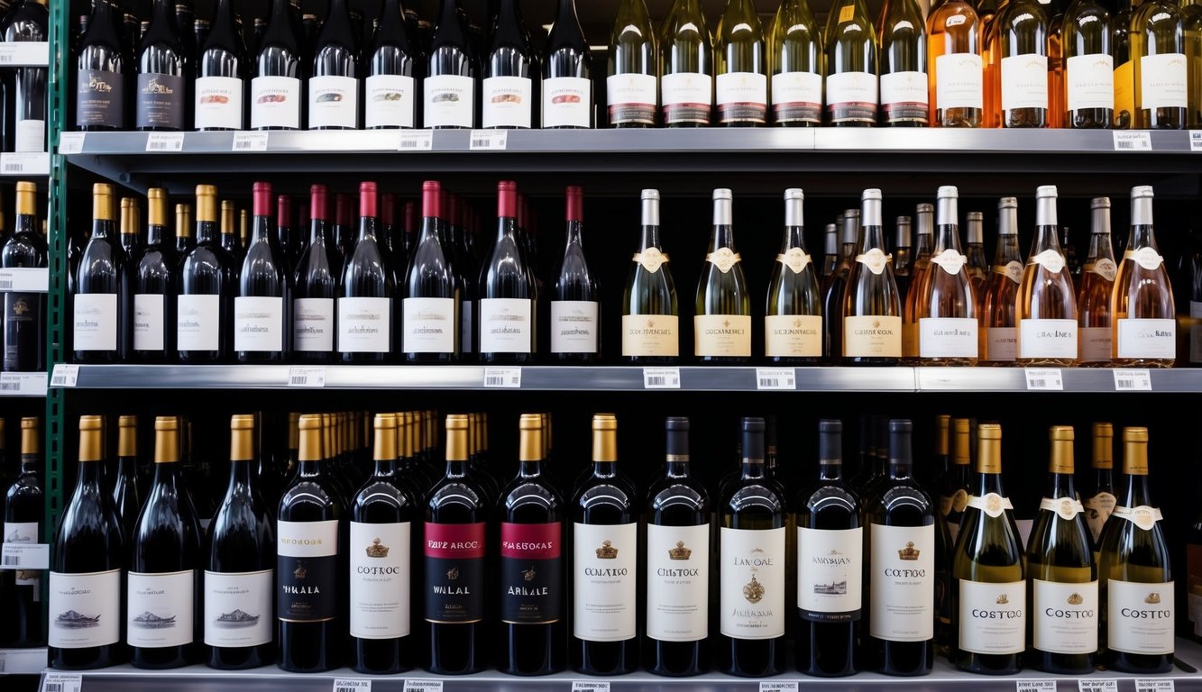 A display of various wine bottles arranged on shelves at Costco