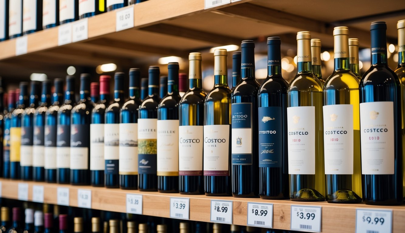 A display of affordable wines at Costco, featuring rows of colorful bottles on wooden shelves with price tags