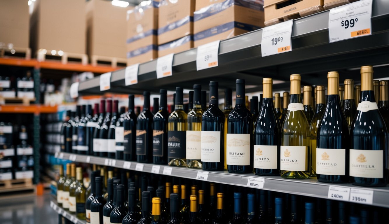 A shelf stocked with various affordable wine bottles at a Costco store. Prices are displayed clearly, and customers browse the selection