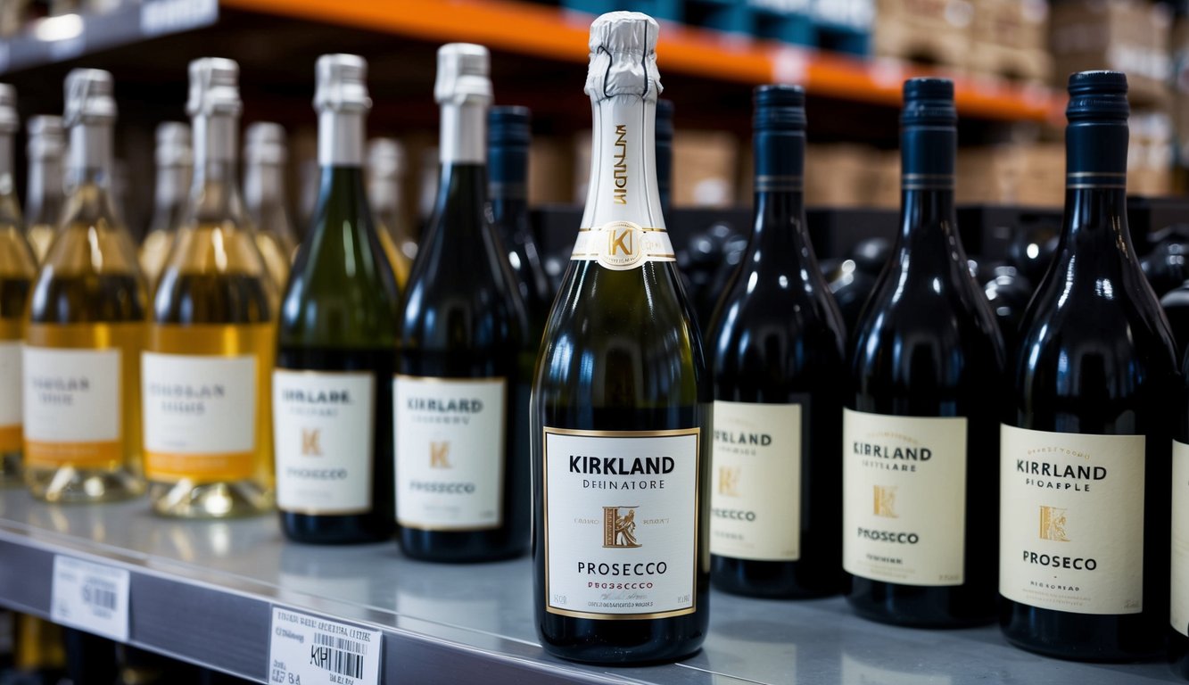 A bottle of Kirkland Signature Prosecco displayed on a shelf at Costco, surrounded by other affordable wines