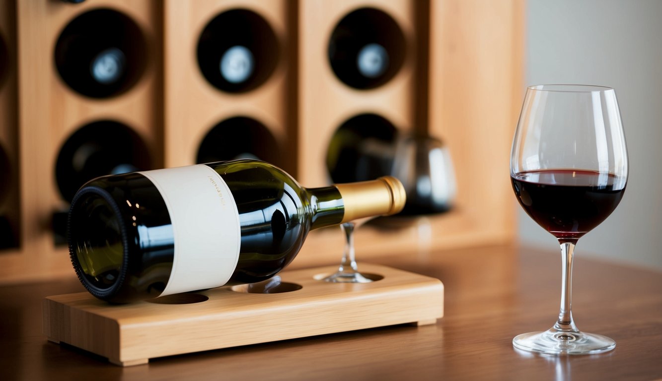 A wine bottle with a cork stopper sits on a wooden wine rack next to a set of wine glasses. A half-filled glass of red wine is placed nearby