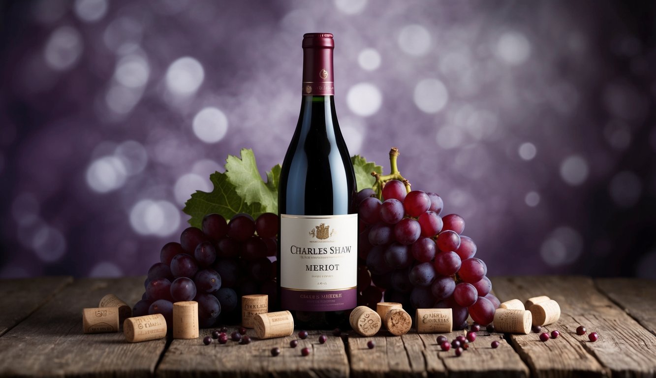 A bottle of Charles Shaw Merlot sits on a rustic wooden table, surrounded by clusters of deep red grapes and a scattering of wine corks