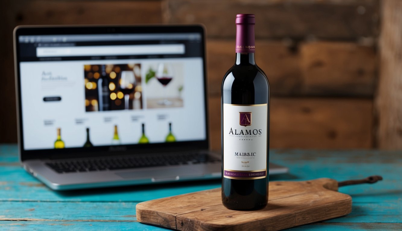 A bottle of Alamos Malbec wine displayed on a rustic wooden table with a laptop open to an online wine store in the background