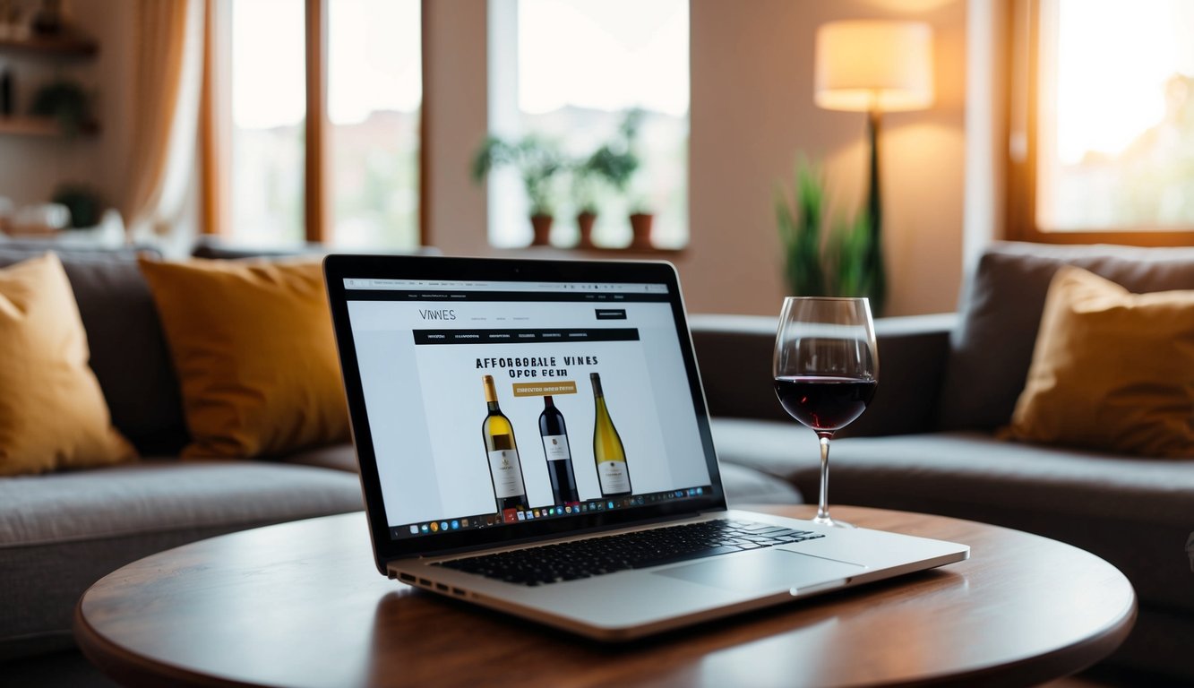 A cozy living room with a laptop open to a website selling affordable wines. A glass of red wine sits on a table nearby