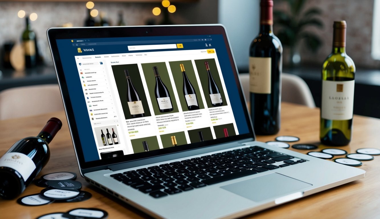 A laptop open on a table with multiple tabs open to different online wine retailers. Bottles of wine with various price tags scattered around