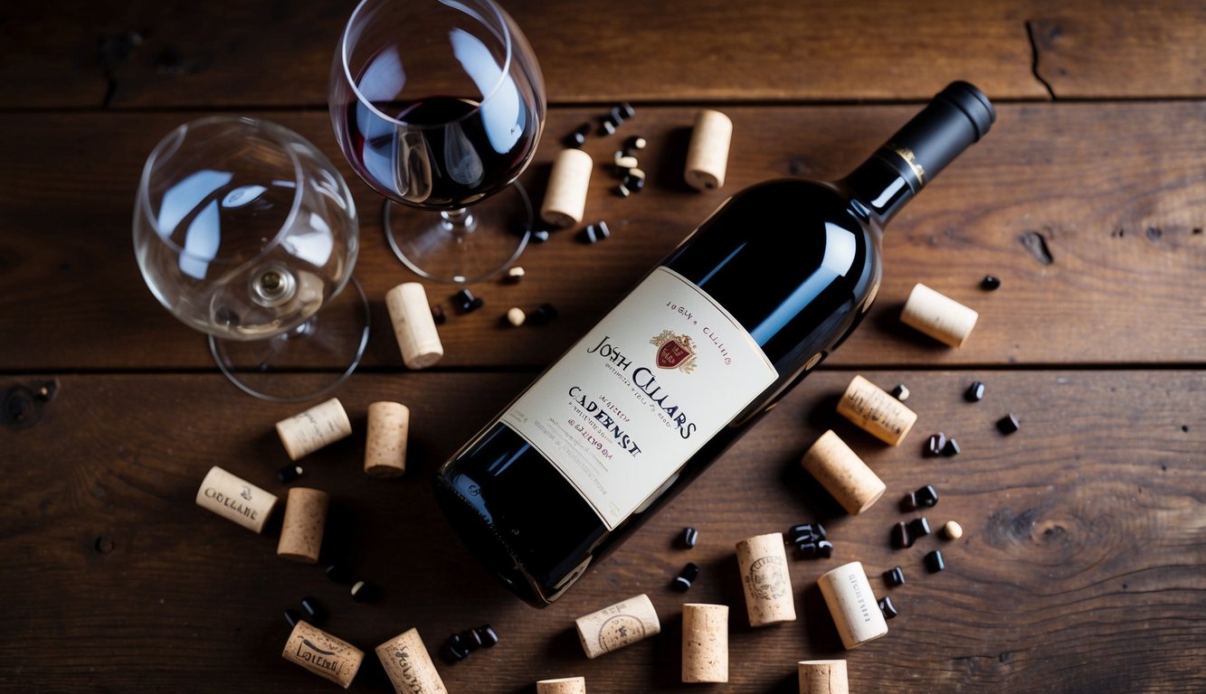 A bottle of Josh Cellars Cabernet Sauvignon sits on a rustic wooden table, surrounded by a scattering of wine corks and a few wine glasses