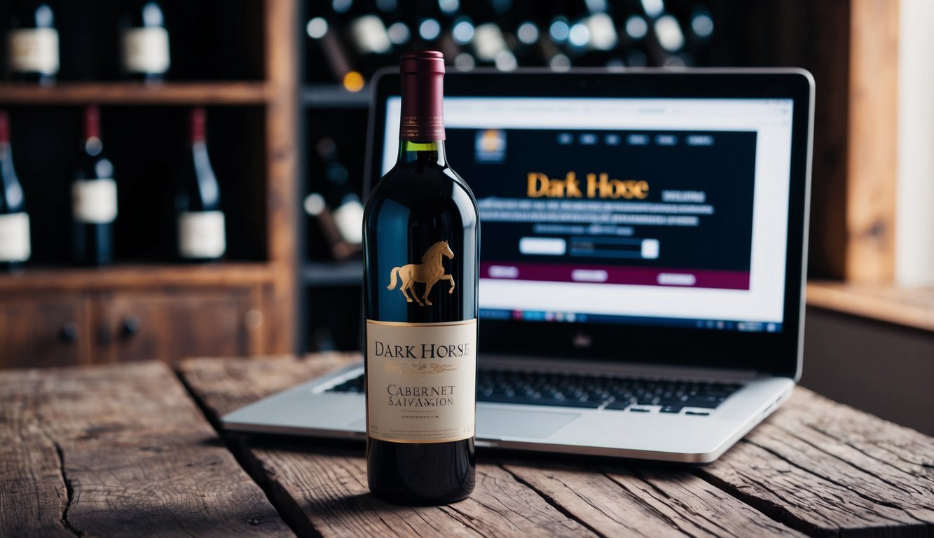 A bottle of Dark Horse Cabernet Sauvignon displayed on a rustic wooden table with a laptop open to an online wine store in the background