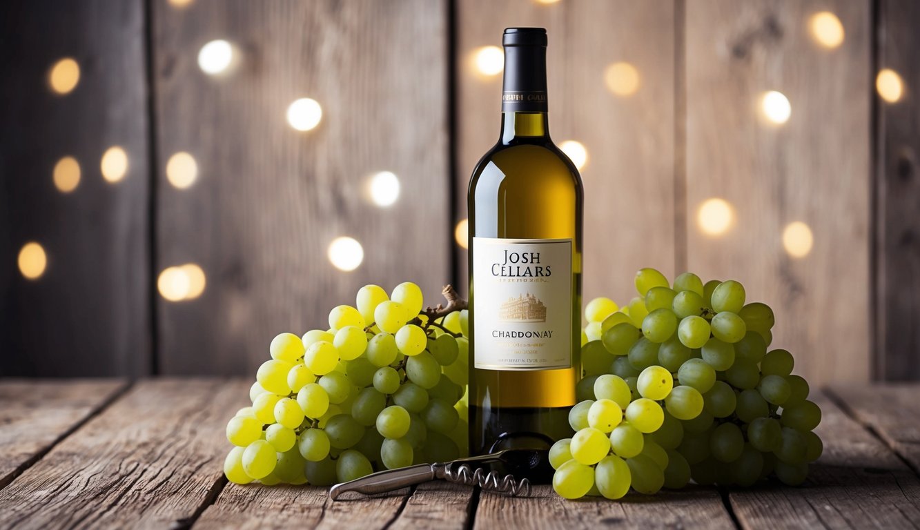 A bottle of Josh Cellars Chardonnay sits on a rustic wooden table, surrounded by clusters of green grapes and a corkscrew